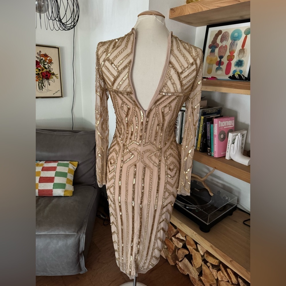 Gianni Bini Champagne Gold Geometric Long Sleeve Sequin and Beaded Dress - Picture 7 of 11